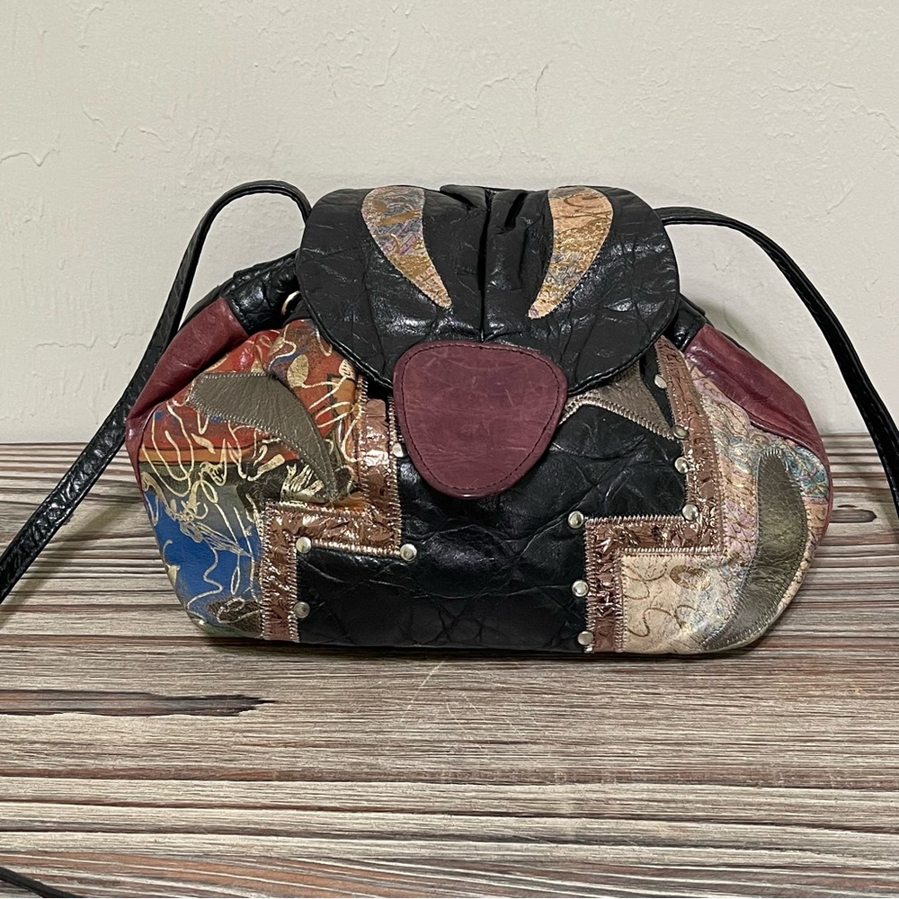 Leather Patchwork Crossbody Bag Drawstring Bucket… - image 14